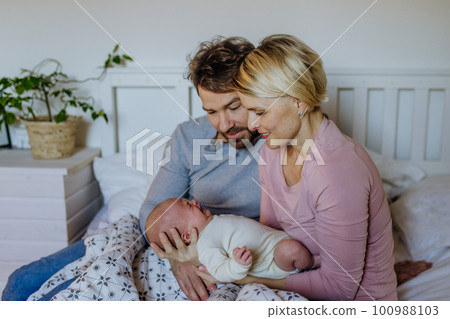 Close-up of parents cuddling their newborn baby. 100988103