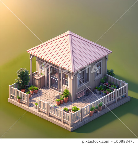 Cozy backyard area with wooden fence, dining table and decoration, ai generated 100988473