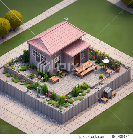 Cozy backyard area with wooden fence, dining table and decoration, ai generated 100988475