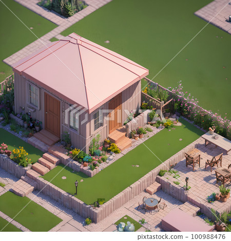 Cozy backyard area with wooden fence, dining table and decoration, ai generated 100988476