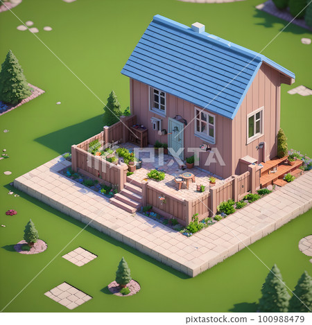Cozy backyard area with wooden fence, dining table and decoration, ai generated 100988479