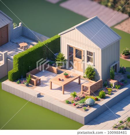 Cozy backyard area with wooden fence, dining table and decoration, ai generated 100988481