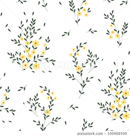 Seamless pattern, small flowers and scattered leaves. Floral rustic background, print, textile, wallpaper, vector Seamless pattern, small flowers and scattered leaves. Floral rustic background, print, textile, wallpaper, vector 100988509