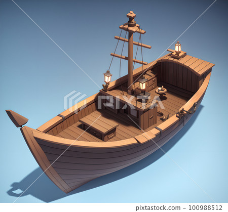 Small wooden fisherboat, 3d isometric reference model, AI generated 100988512