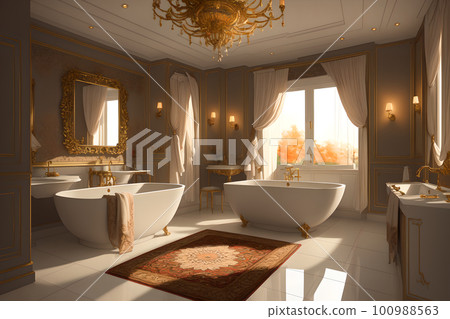 Luxurious bathroom interior in a modern royal palace, in light of sunset. AI generated 100988563