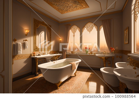 Luxurious bathroom interior in a modern royal palace, in light of sunset. AI generated 100988564