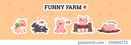 Set of stickers with happy pigs flat style, vector illustration 100988755