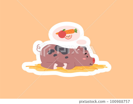 Spotted cute pig lying on hay and thinking about tasty food sticker flat style 100988757