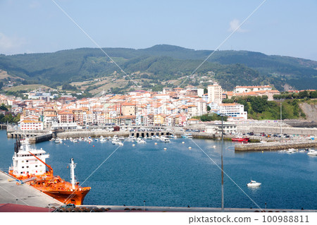 Bermeo harbour and settlement view, Spain 100988811