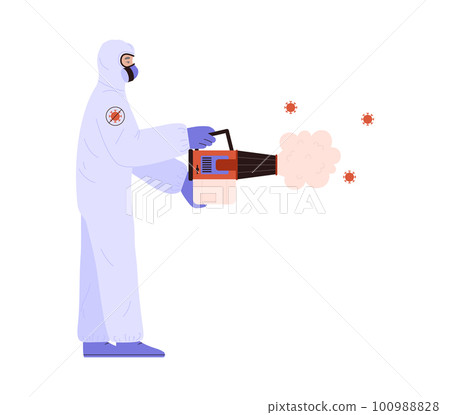 Person in hazmat suit using professional tool to disinfect viruses, flat vector illustration isolated on white background. 100988828