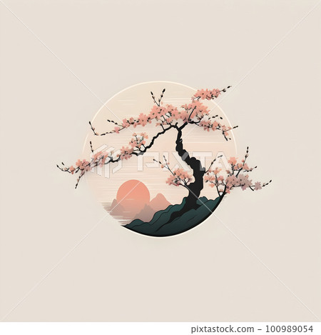 Pink flowers springtime blooming sakura tree badge 100989054