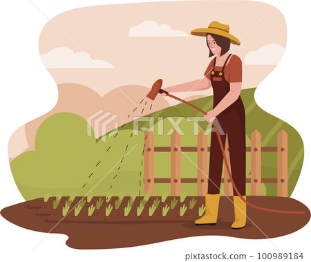 Flat design of woman watering plants at the farm. Illustration for websites, landing pages, mobile applications, posters and banners. Trendy flat vector illustration Flat design of woman watering plants at the farm. Illustration for websites, landing pages, mobile applications, posters and banners. Trendy flat vector illustration 100989184