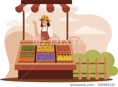 Flat design of woman selling agricultural products. Illustration for websites, landing pages, mobile applications, posters and banners. Trendy flat vector illustration 100989185