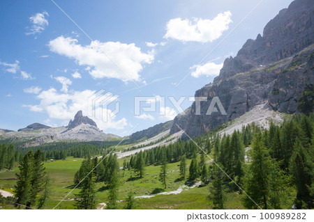 Dolomites range landscape. Summer mountain panorama Dolomites range landscape. Summer mountain panorama 100989282