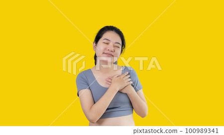 Asian woman smiling happily isolated on white background, Woman loves and rejoices herself, Contented, Pure love, Love myself, Proud of yourself, Self-made happiness, Optimism, Painting Therapy with a Asian woman smiling happily isolated on white background, Woman loves and rejoices herself, Contented, Pure love, Love myself, Proud of yourself, Self-made happiness, Optimism, Painting Therapy with a 100989341
