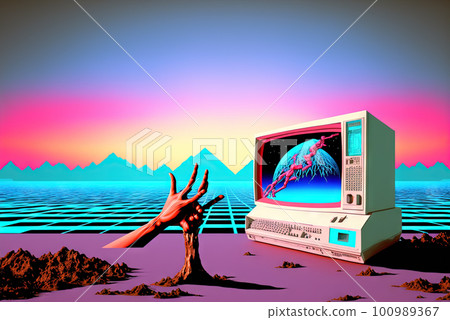 Surreal vaporwave composition with old computer and distorted hands. 80s styled digital objects collage. Generated AI. 100989367