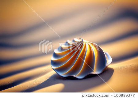 Surreal shell on the beach. Abstract clam with filigree shape on the sand. Generated AI. 100989377