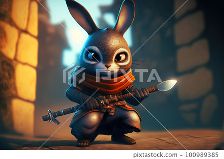 Rabbit samurai in traditional drawing style. Japanese styled art with hare warrior in kimono. Generated AI. Rabbit samurai in traditional drawing style. Japanese styled art with hare warrior in kimono. Generated AI. 100989385