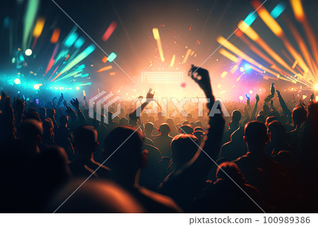 Party people on the show. Night club with lights and dancing people. Party crowd. Generated AI. Party people on the show. Night club with lights and dancing people. Party crowd. Generated AI. 100989386