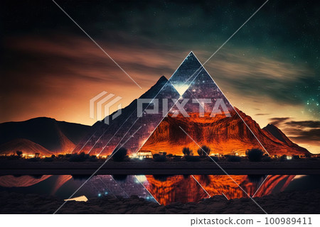 Glass architecture in the mountain landscape. Architectural abstraction combined with nature. Generated AI. 100989411