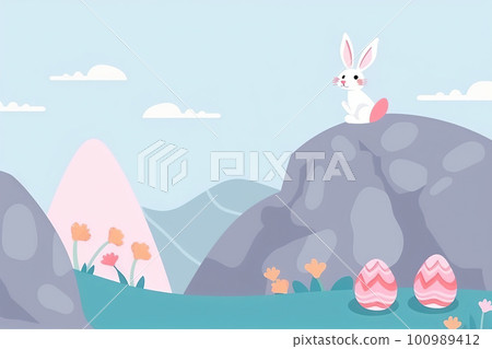 Easter rabbit with colorful holiday eggs. Cute fluffy bunny celebrating spring holiday. Generated Ai. Easter rabbit with colorful holiday eggs. Cute fluffy bunny celebrating spring holiday. Generated Ai. 100989412