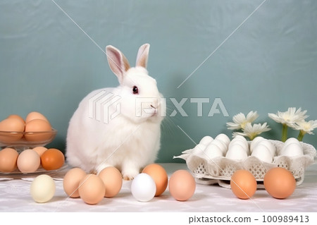 Easter rabbit with colorful holiday eggs. Cute fluffy bunny celebrating spring holiday. Generated AI. 100989413