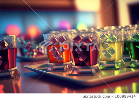 Club cocktails on the table with light. Colorful juicy drinks in glasses. Generated AI. Club cocktails on the table with light. Colorful juicy drinks in glasses. Generated AI. 100989414