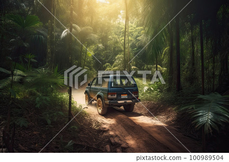 Four wheel drive SUV is driving on muddy road in jungle. Jeep on safari. Created with Generative AI 100989504