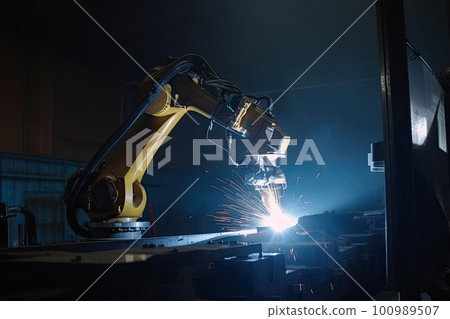Robotic arm works on welding. Conveyor line at factory. Automatic welding. Created with Generative AI 100989507