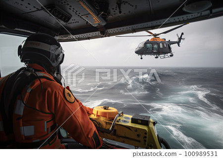 Search and rescue operation in sea. Emergency rescue helicopter flies over sea surface, looking for victims after crash. Created with Generative AI Search and rescue operation in sea. Emergency rescue helicopter flies over sea surface, looking for victims after crash. Created with Generative AI 100989531