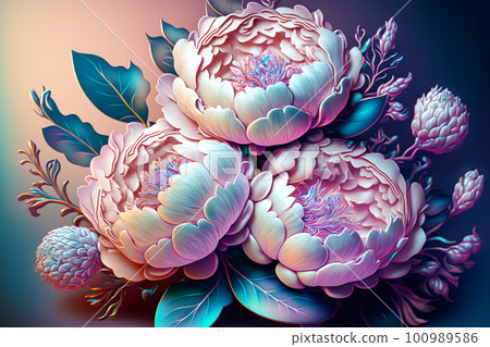 Beautiful surreal peonies bouquet. Iridescent flowers. Generative AI illustration Beautiful surreal peonies bouquet. Iridescent flowers. Generative AI illustration 100989586