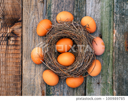 Chicken eggs in a bird's nest on a wooden table. 100989785