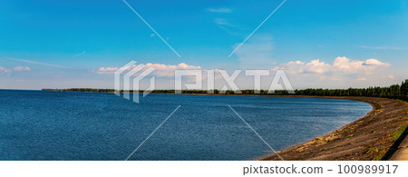 Concrete dam of an artificial reservoir of the dnieper river. 100989917