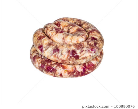 Ring home sausage meat on a white background. 100990076