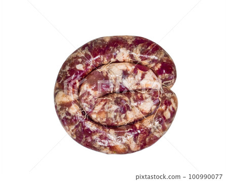 Ring home sausage meat on a white background. Ring home sausage meat on a white background. 100990077