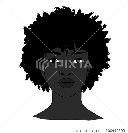 Vector portrait of beautiful african american woman in black and white. Gentle silhouette, fashion illustration Vector portrait of beautiful african american woman in black and white. Gentle silhouette, fashion illustration 100990203