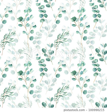 Seamless watercolor pattern with eucalyptus branches on white background. Can be used for wedding prints, gift wrapping paper, kitchen textile and fabric prints. Seamless watercolor pattern with eucalyptus branches on white background. Can be used for wedding prints, gift wrapping paper, kitchen textile and fabric prints. 100990215