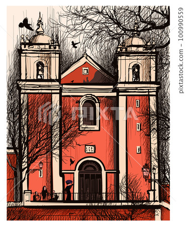 Original and Colorful representation of Church Santos-O-Velho, in Lisbon, Portugal 100990559