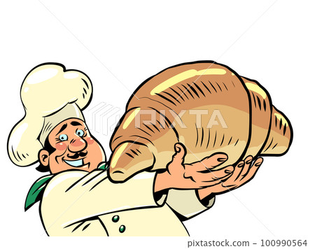 male chef with croissant, morning bakery, french cuisine, delicious bun 100990564