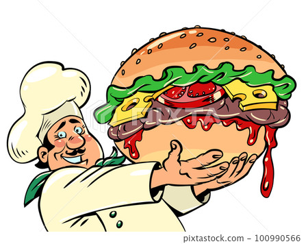 chef with a huge burger, fast food street restaurant. Delicious cheeseburger 100990566