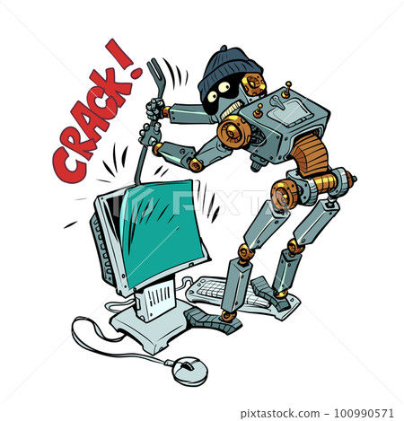 A humanoid robot robber and a thief in a cap hacks into your computer. The problem of security and authentication in the digital space. Attack of hackers on your system. 100990571