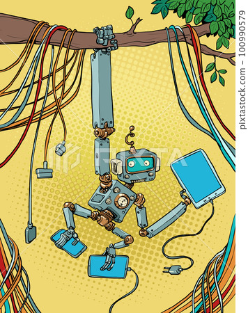 A robot monkey hangs on a tree branch while it is surrounded by a lot of technology. Synthesis of technological development and environmental agenda. A robot monkey hangs on a tree branch while it is surrounded by a lot of technology. Synthesis of technological development and environmental agenda. 100990579
