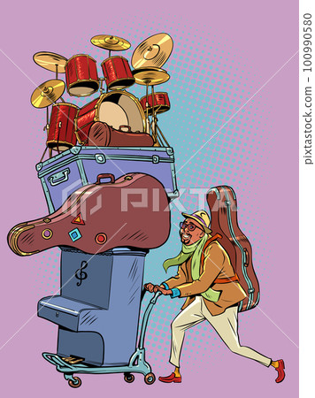 A creative man goes on a journey taking with him a lot of musical instruments. A worker in the music industry is preparing for a tour. A creative man goes on a journey taking with him a lot of musical instruments. A worker in the music industry is preparing for a tour. 100990580