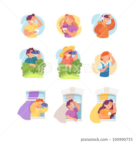 Funny Teenager Character Looking Into the Distance with Binoculars and Hand at Forehead Vector Illustration Set Funny Teenager Character Looking Into the Distance with Binoculars and Hand at Forehead Vector Illustration Set 100990755