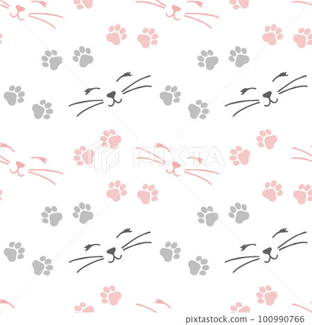 Seamless pattern, cat faces and paw prints on a white background. Print, background, children's textile, wallpaper, vector 100990766