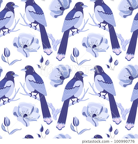 Seamless pattern, gentle blue birds and flowers. Print, floral background, textile, vector 100990776