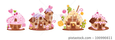 Sweet Candy House Made of Cookie Dough as Shaped Baked Confectionery Vector Set 100990811