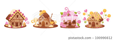 Sweet Candy House Made of Cookie Dough as Shaped Baked Confectionery Vector Set 100990812