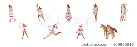 Red Indians Wearing National Clothing and Headdress with Feathers Vector Set Red Indians Wearing National Clothing and Headdress with Feathers Vector Set 100990816