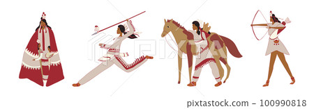 Red Indians Wearing National Clothing and Headdress with Feathers Vector Set Red Indians Wearing National Clothing and Headdress with Feathers Vector Set 100990818